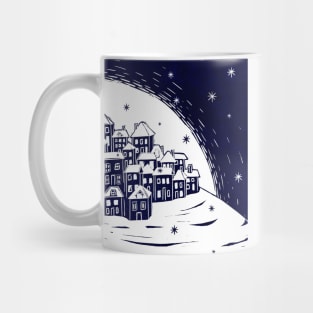 Snowy Night - Beautiful Festive Linocut Village Scene Mug